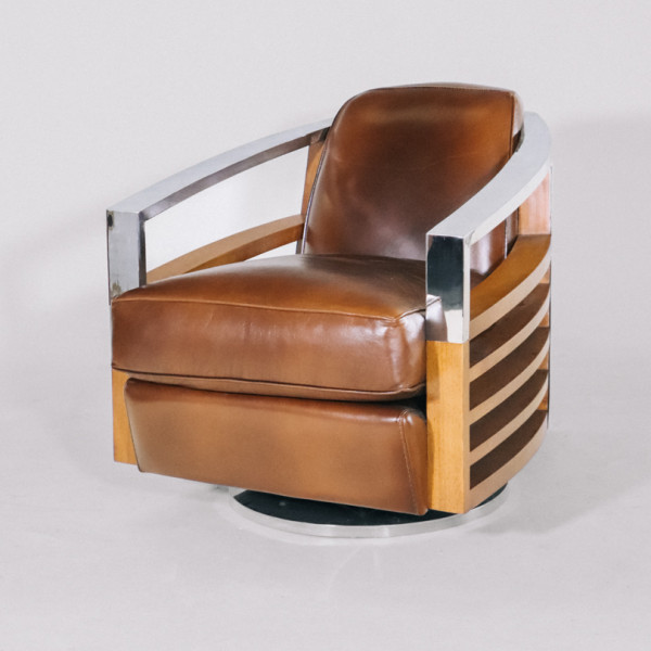 Retro Art Deco Sessel Leder Massivholz Metall französisch klassisch Sofort Lieferbar