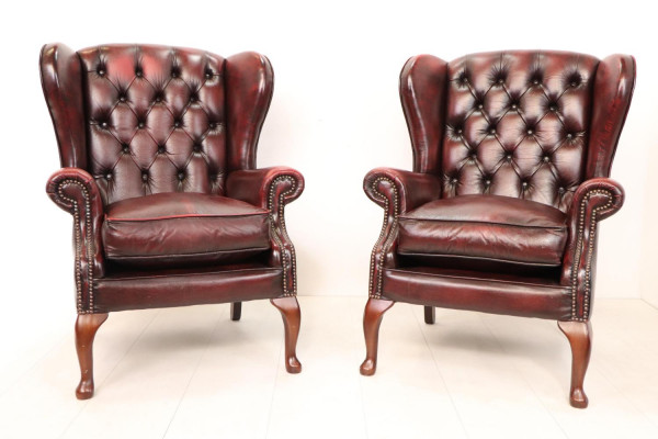 2er Set Chesterfield Ohrensessel Queen Anne Rot
